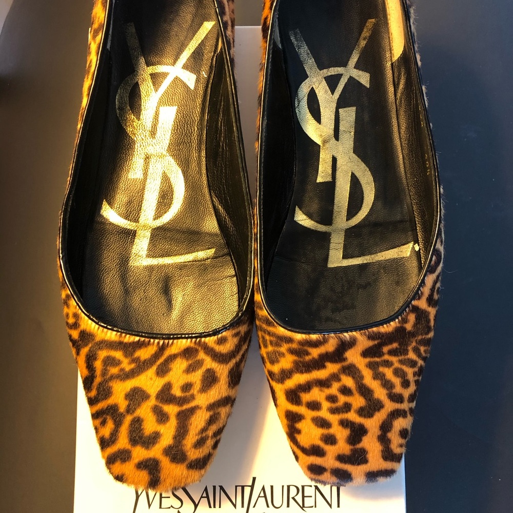 YSL Yves Saint Laurent leopard pony hair flats